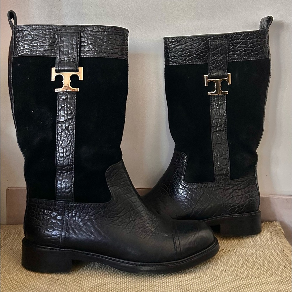 Tory Burch Black Corey Mid Calf Flat Boot Size 7 Used Like New